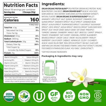 Organic Vegan Protein + 50 Superfoods Powder, Vanilla Bean