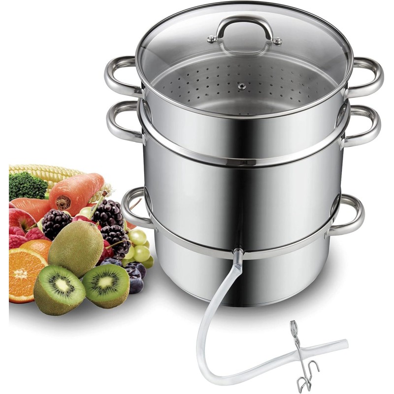 Cooks Standard Canning Juice Steamer Extractor Fruit Vegetables for Making Jelly, Sauces, 11-Quart Stainless Steel Multipot with Glass Lid, Clamp, 2-Pcs Hose