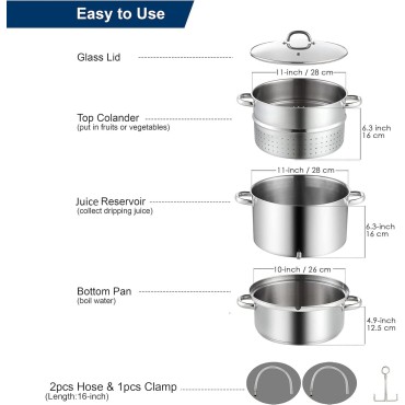 Cooks Standard Canning Juice Steamer Extractor Fruit Vegetables for Making Jelly, Sauces, 11-Quart Stainless Steel Multipot with Glass Lid, Clamp, 2-Pcs Hose