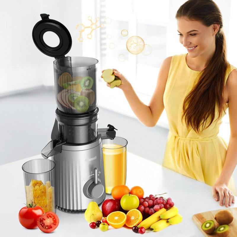 Slow Masticating Machines With Exclusive Filter Technology for High Juice Yield & Easy Clean,4.2'' Extra Large Feed Chute Cold Press Juicer Machine Fit Whole Fruits Vegetables,Silver Grey