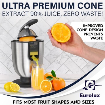 Eurolux Premium Electric Orange Juicer | Stainless Steel Citrus Squeezer With New Ultra-Powerful Motor and Soft Grip Handle for Effortless Juicing, Auto Shutoff, Dishwasher-safe Parts, Pulp Control