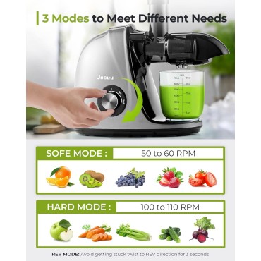 Jocuu Slow Masticating Juicer Machines with Soft Hard Modes Easy to Clean Quiet Motor & Reverse Function, Cold Press Juicer for Fruit & Vegetable, 90% Juice Yield, with Brush & Recipes (Grey)