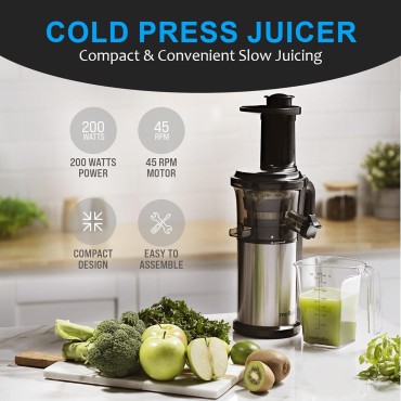 Cold Press Juicer; Slow Masticating Juicer Machine for Vegetables and Fruit; 200W Powerful Slow Juicer, Reverse Function, Easy to Clean; BPA Free; High Extraction Rate