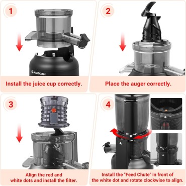 Cold Press Juicer, Aobosi 4.1Large Feed Chute Masticating Juicer Machines w/ 2 No-Metal Filters, for Whole Vegetable and Fruit, Easy Clean w/Brush, Quiet Powerful Motor for Smooth Extraction (Black)