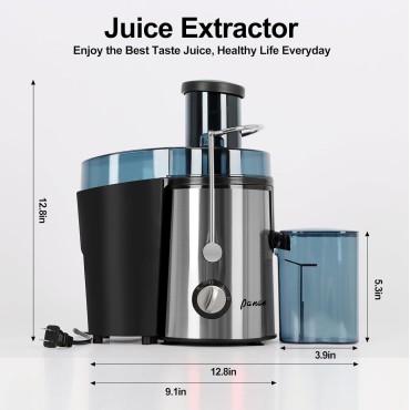 Panana Centrifugal Juicer Extractor with Wide Mouth 3” Feed Chute for Fruit Vegetable, Easy to Clean, Stainless Steel, BPA-free (Silver)