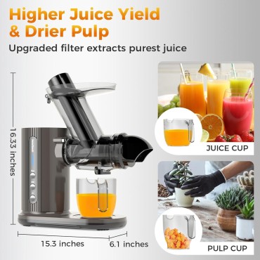 Slow Juicer Machines, IWODTECH 3.1-INCH Wide Feed Chute Masticating Juicer, Cold Press Juicer for Fruits and Vegetable, With Reverse Function & Quiet Motor, Easy to Clean with Brush, Grey