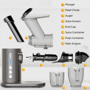 Slow Juicer Machines, IWODTECH 3.1-INCH Wide Feed Chute Masticating Juicer, Cold Press Juicer for Fruits and Vegetable, With Reverse Function & Quiet Motor, Easy to Clean with Brush, Grey