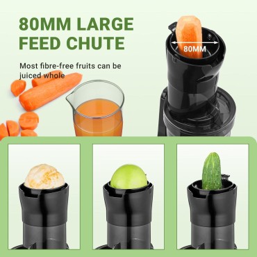 AMZCHEF Whole Fruit Juicer Machines, 80MM Large Feeding Chute Slow Masticating Juicer, Powerful Cold Press Juicers with Upgrade Auger, Double-Layer Filter, Retro Toggle Switch (Light black)