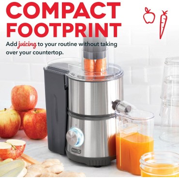 Dash Compact Centrifugal Juicer, Press Juicing Machine, 2-Speed, 2 Wide Feed Chute for Whole Fruit Vegetable, Anti-drip, Stainless Steel Sieve - Cool Grey