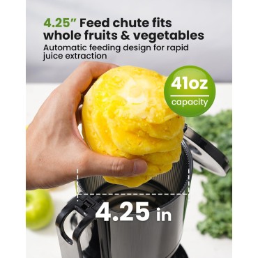 GDOR Cold Press Juicer with 4.25'' Feed Chute, Masticating Juicer Machines Fits Whole Fruits and Vegetables, Self Feeding Slow Juicer with Low Noise, Silver