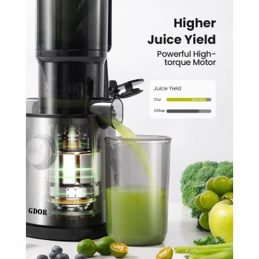 GDOR Cold Press Juicer with 4.25'' Feed Chute, Masticating Juicer Machines Fits Whole Fruits and Vegetables, Self Feeding Slow Juicer with Low Noise, Silver