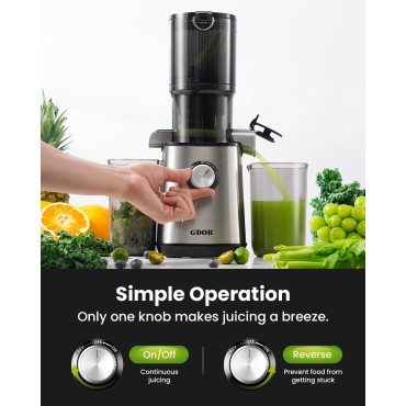 GDOR Cold Press Juicer with 4.25'' Feed Chute, Masticating Juicer Machines Fits Whole Fruits and Vegetables, Self Feeding Slow Juicer with Low Noise, Silver