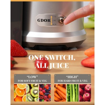 GDOR Powerful 1200W Juicer with Larger 3.2 Feed Chute, Titanium Enhanced Cutting System, Centrifugal Juice Extractor Maker with Heavy Duty Full Copper Motor, Dual Speeds, BPA-Free, Silver