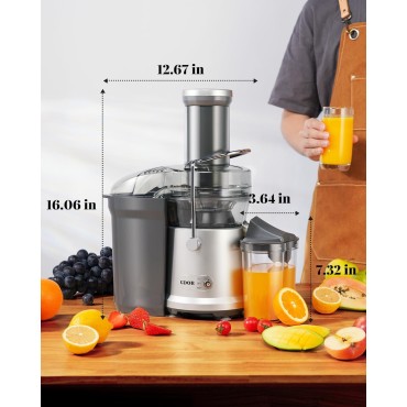 GDOR Powerful 1200W Juicer with Larger 3.2 Feed Chute, Titanium Enhanced Cutting System, Centrifugal Juice Extractor Maker with Heavy Duty Full Copper Motor, Dual Speeds, BPA-Free, Silver