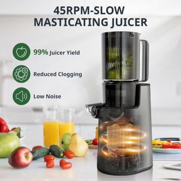 Slow Masticating Juicer Machines Cold Press Juicer Machines with 4 Wide Chute Pure Juicer Machine for Vegetables and Fruits,Reverse Function,NO BPA,JC01,Grey