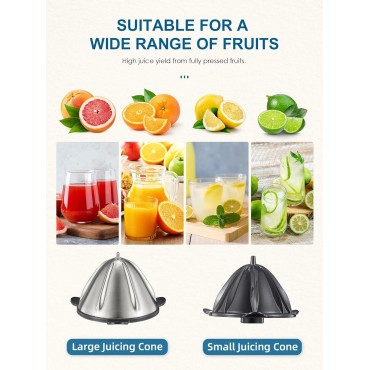 QCen Electric Citrus Juicer Squeezer, Electric Juicer for Orange, Lemon and Limes with Rubber Handle and Two Size Cones, Anti-Drip Spout, Easy to Clean and Use, BPA Free, Black/Stainless Steel