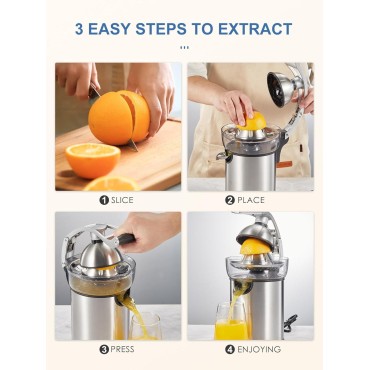 QCen Electric Citrus Juicer Squeezer, Electric Juicer for Orange, Lemon and Limes with Rubber Handle and Two Size Cones, Anti-Drip Spout, Easy to Clean and Use, BPA Free, Black/Stainless Steel