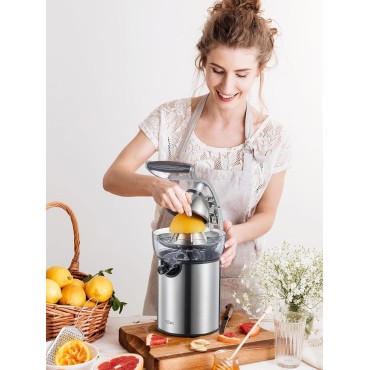 QCen Electric Citrus Juicer Squeezer, Electric Juicer for Orange, Lemon and Limes with Rubber Handle and Two Size Cones, Anti-Drip Spout, Easy to Clean and Use, BPA Free, Black/Stainless Steel