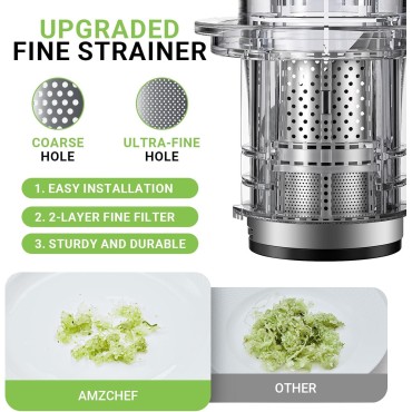 AMZCHEF Cold Press Juicer, Juicer Machines - 3.1 Large Feed Chute for Whole Fruits & Vegetables, Stainless Steel Slow Masticating Juicer Easy to Clean, Large Auger, Double Strainers, White