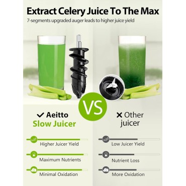 Aeitto Juicer Machines, Quiet Motor Juicer, Cold Press Juicer, Masticating Juicer, Celery Juicers, with Triple Modes,Reverse Function,Easy to Clean with Brush, Recipe for Vegetables And Fruits, Black