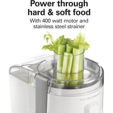 Hamilton Beach HealthSmart Juicer Machine, Compact Centrifugal Extractor, 2.4” Feed Chute for Fruits and Vegetables, Easy to Clean, BPA Free, 400W, White (67501)