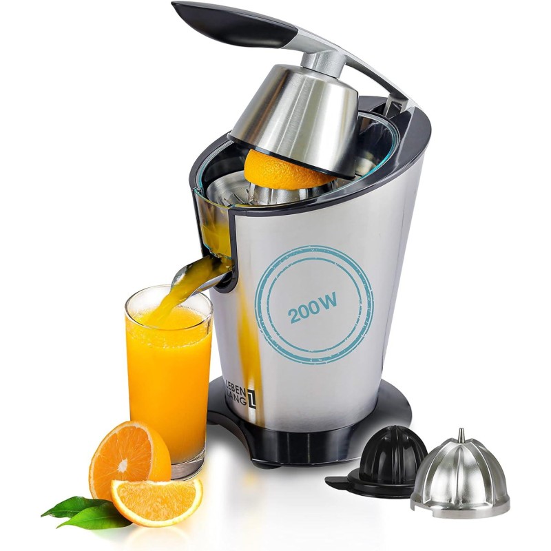 Powerful electric juicer with high juice yield | Citrus juicer 200W + 2 cones | Lemon, lime, orange juice squeezer machine with innovative lever press | exprimidor de naranjas electrico