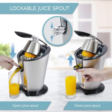 Powerful electric juicer with high juice yield | Citrus juicer 200W + 2 cones | Lemon, lime, orange juice squeezer machine with innovative lever press | exprimidor de naranjas electrico