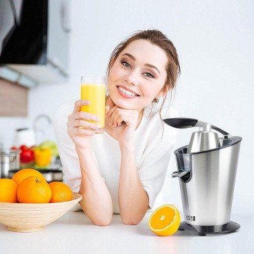 Powerful electric juicer with high juice yield | Citrus juicer 200W + 2 cones | Lemon, lime, orange juice squeezer machine with innovative lever press | exprimidor de naranjas electrico