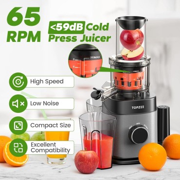 Cold Press Juicer, Slow Masticating Machines with Extra Large Feed Chute Fit Whole Fruits & Vegetables Easy Clean Self Feeding Effortless for Batch Juicing, High Juice Yield, BPA Free, Black