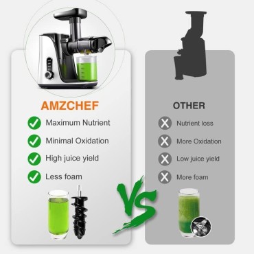 Juicer Machines, AMZCHEF Slow Cold Press Juicer with 2 Speed Modes, Travel bottles(500ML), LED display, Easy to Clean Brush & Quiet Motor for Vegetables & Fruits, White