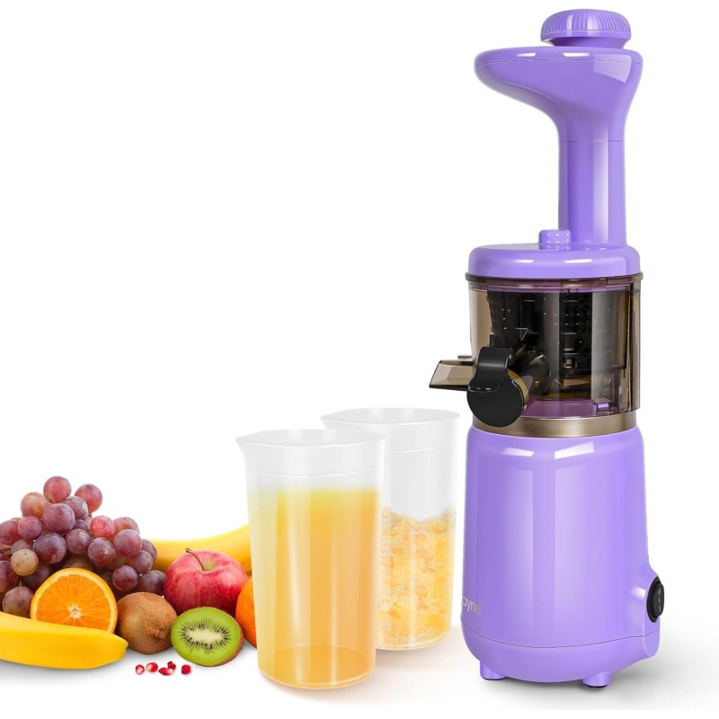 CAYNEL Compact and Portable Cold Press Juice, Masticating Slow Juicer with 1.77” Extra Wide Inlet Funnel for Fruites and Vegetables,Includes Brush, 16 oz Juice Cup, Easy to Clean,Purple