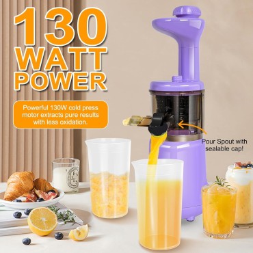 CAYNEL Compact and Portable Cold Press Juice, Masticating Slow Juicer with 1.77” Extra Wide Inlet Funnel for Fruites and Vegetables,Includes Brush, 16 oz Juice Cup, Easy to Clean,Purple