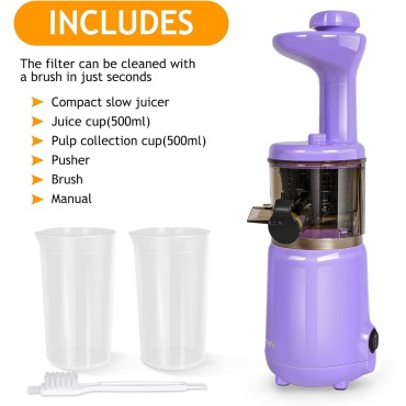 CAYNEL Compact and Portable Cold Press Juice, Masticating Slow Juicer with 1.77” Extra Wide Inlet Funnel for Fruites and Vegetables,Includes Brush, 16 oz Juice Cup, Easy to Clean,Purple