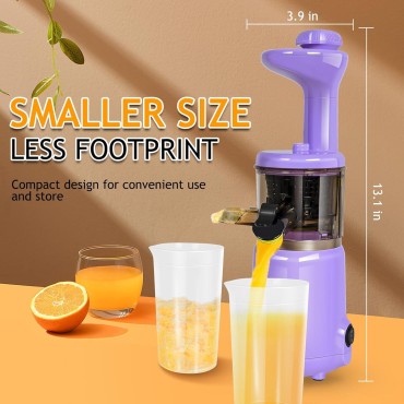 CAYNEL Compact and Portable Cold Press Juice, Masticating Slow Juicer with 1.77” Extra Wide Inlet Funnel for Fruites and Vegetables,Includes Brush, 16 oz Juice Cup, Easy to Clean,Purple