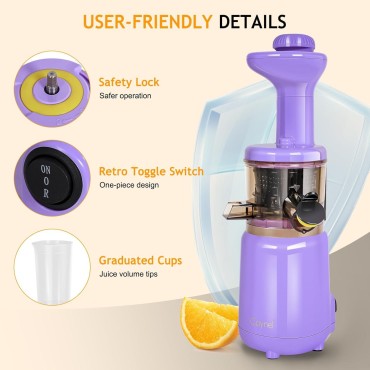 CAYNEL Compact and Portable Cold Press Juice, Masticating Slow Juicer with 1.77” Extra Wide Inlet Funnel for Fruites and Vegetables,Includes Brush, 16 oz Juice Cup, Easy to Clean,Purple