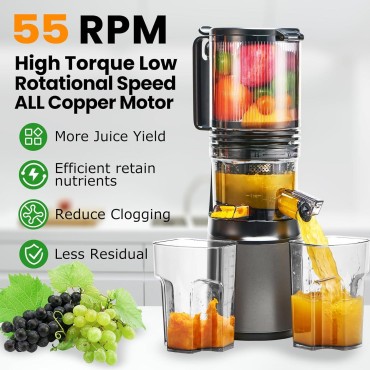 Cold Press Juicer,Slow Masticating Juicer Machines with 5.3 Large Feed Chute for Most Fruits and Vegetables,Easy to Clean Lemon Orange Juicer with 250W Motor and High Juice Yield