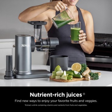 Ninja JC151 NeverClog Cold Press Juicer, Powerful Slow Juicer with Total Pulp Control, Countertop, Electric, 2 Pulp Functions, Dishwasher Safe, 2nd Generation, Charcoal (Renewed)