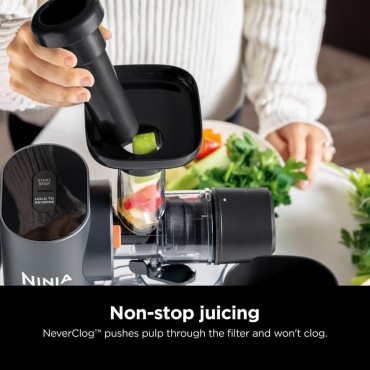 Ninja JC151 NeverClog Cold Press Juicer, Powerful Slow Juicer with Total Pulp Control, Countertop, Electric, 2 Pulp Functions, Dishwasher Safe, 2nd Generation, Charcoal (Renewed)