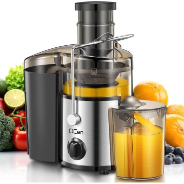 QCen Juicer Machine, 500W Centrifugal Juicer Extractor with 3” Wide Mouth Feed Chute for Fruits & Vegetables, Easy to Clean, Stainless Steel, BPA-Free