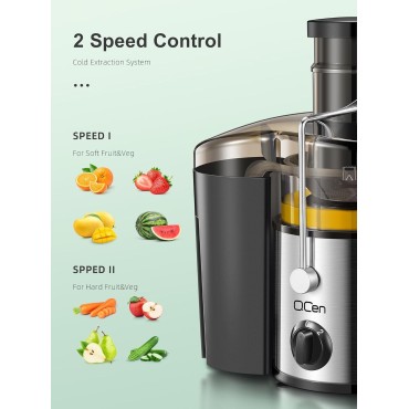 QCen Juicer Machine, 500W Centrifugal Juicer Extractor with 3” Wide Mouth Feed Chute for Fruits & Vegetables, Easy to Clean, Stainless Steel, BPA-Free