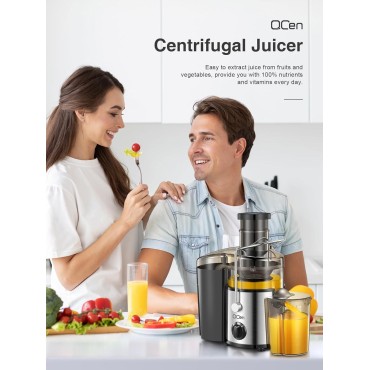 QCen Juicer Machine, 500W Centrifugal Juicer Extractor with 3” Wide Mouth Feed Chute for Fruits & Vegetables, Easy to Clean, Stainless Steel, BPA-Free