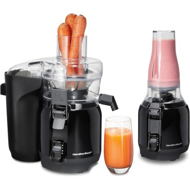 Hamilton Beach Juice & Blend 2-in-1 Juicer Machine and 20 oz. Blender, Big Mouth Large 3” Feed Chute for Whole Fruits and Vegetables, Easy to Clean, Centrifugal Extractor, 800W Motor, Black (67970)