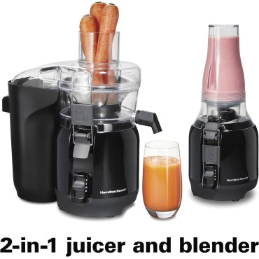 Hamilton Beach Juice & Blend 2-in-1 Juicer Machine and 20 oz. Blender, Big Mouth Large 3” Feed Chute for Whole Fruits and Vegetables, Easy to Clean, Centrifugal Extractor, 800W Motor, Black (67970)