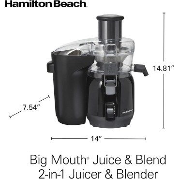 Hamilton Beach Juice & Blend 2-in-1 Juicer Machine and 20 oz. Blender, Big Mouth Large 3” Feed Chute for Whole Fruits and Vegetables, Easy to Clean, Centrifugal Extractor, 800W Motor, Black (67970)