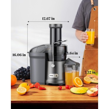 GDOR 1200W Juicer with Larger 3.2 Feed Chute, Titanium Enhanced Cutting System, Centrifugal Juice Extractor Maker with Heavy Duty Full Copper Motor, Dual Speeds, BPA-Free, Gun Grey