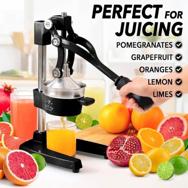 Zulay Kitchen Cast-Iron Orange Juice Squeezer - Heavy-Duty, Easy-to-Clean, Professional Citrus Juicer - Durable Stainless Steel Lemon Squeezer - Sturdy Manual Citrus Press & Orange Squeezer (Black)