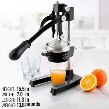 Zulay Kitchen Cast-Iron Orange Juice Squeezer - Heavy-Duty, Easy-to-Clean, Professional Citrus Juicer - Durable Stainless Steel Lemon Squeezer - Sturdy Manual Citrus Press & Orange Squeezer (Black)