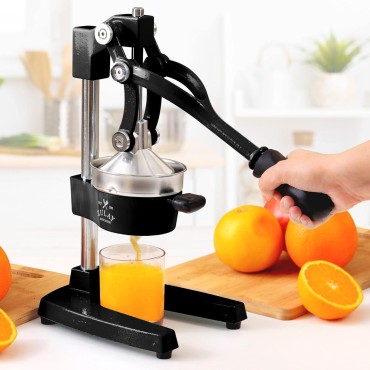 Zulay Kitchen Cast-Iron Orange Juice Squeezer - Heavy-Duty, Easy-to-Clean, Professional Citrus Juicer - Durable Stainless Steel Lemon Squeezer - Sturdy Manual Citrus Press & Orange Squeezer (Black)