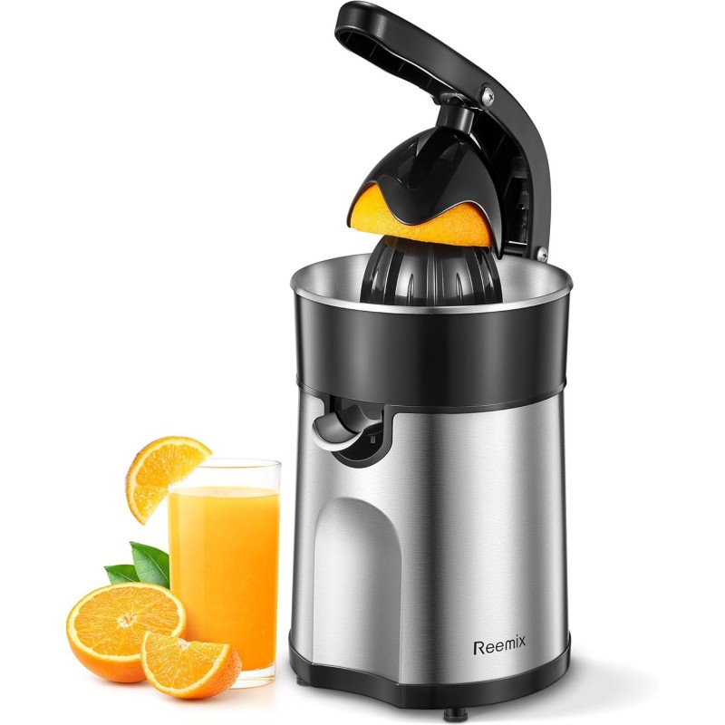 Electric Citrus Juicer Squeezer, Orange Juicer with Two Interchangeable Cones, Suitable for orange, lemon and Grapefruit, Brushed Stainless Steel, Easy to Clean and Use (Black+Silver)