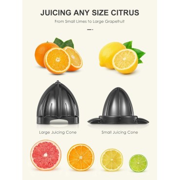 Electric Citrus Juicer Squeezer, Orange Juicer with Two Interchangeable Cones, Suitable for orange, lemon and Grapefruit, Brushed Stainless Steel, Easy to Clean and Use (Black+Silver)